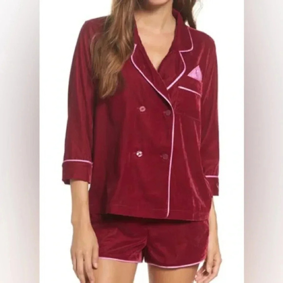 New ROOM SERVICE Maroon Velvet velour pajama set Small Notched Collar Top Shorts - Picture 1 of 16